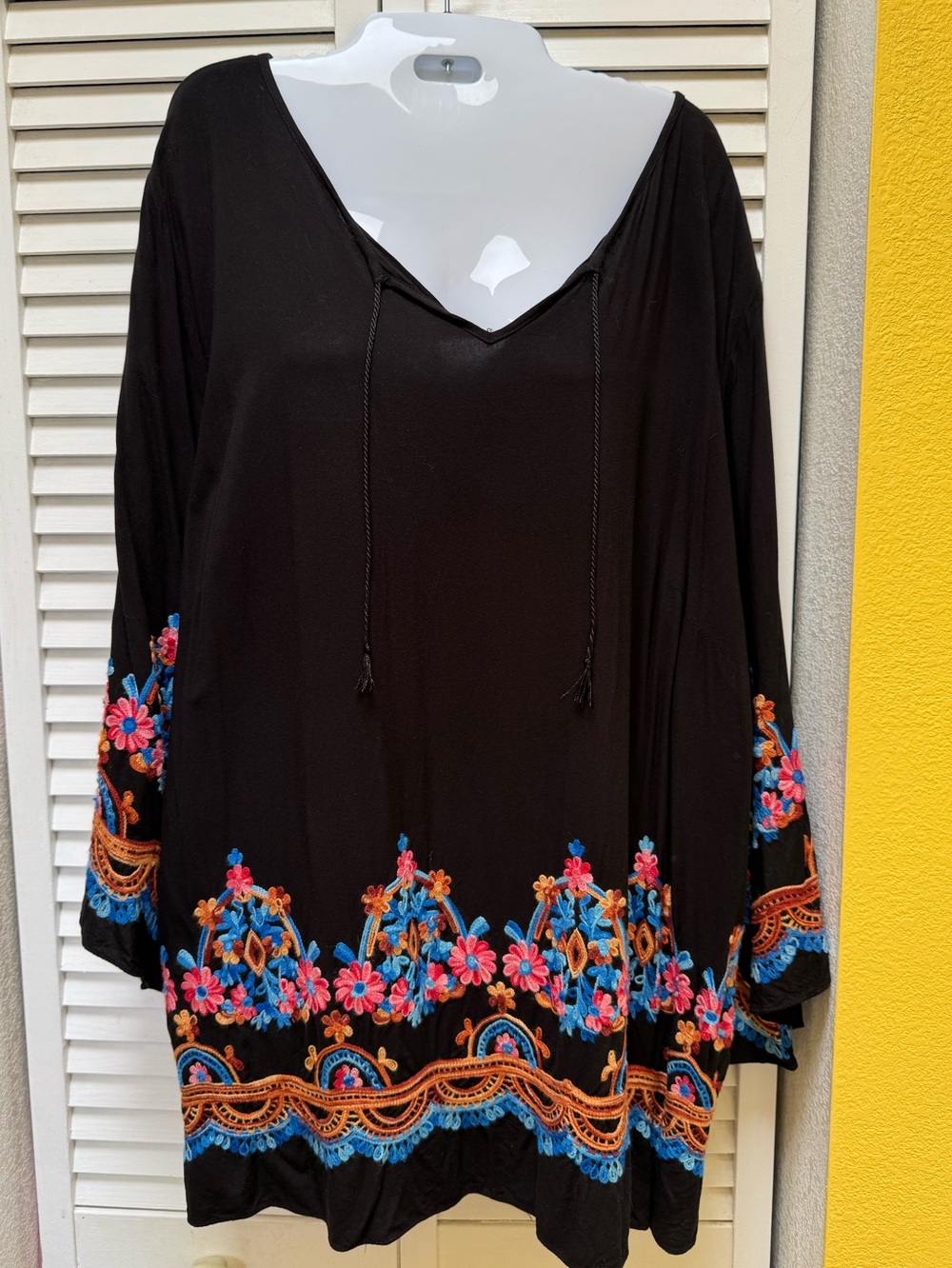 Cato Black Boho Embroidered Tunic with Bright Floral Trim